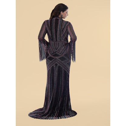 MILU MADAN Black Net Backtrail Gown With Heavy Beadwork