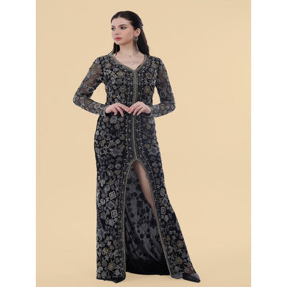 MILU MADAN Black Net Front Slit Floral Gown