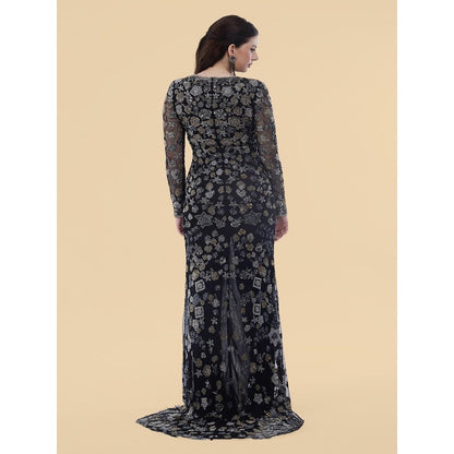 MILU MADAN Black Net Front Slit Floral Gown