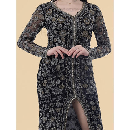 MILU MADAN Black Net Front Slit Floral Gown