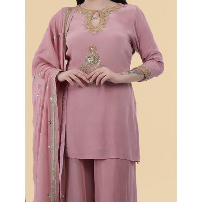 MILU MADAN Onion Pink Crepe Kurti with Sharara and Dupatta