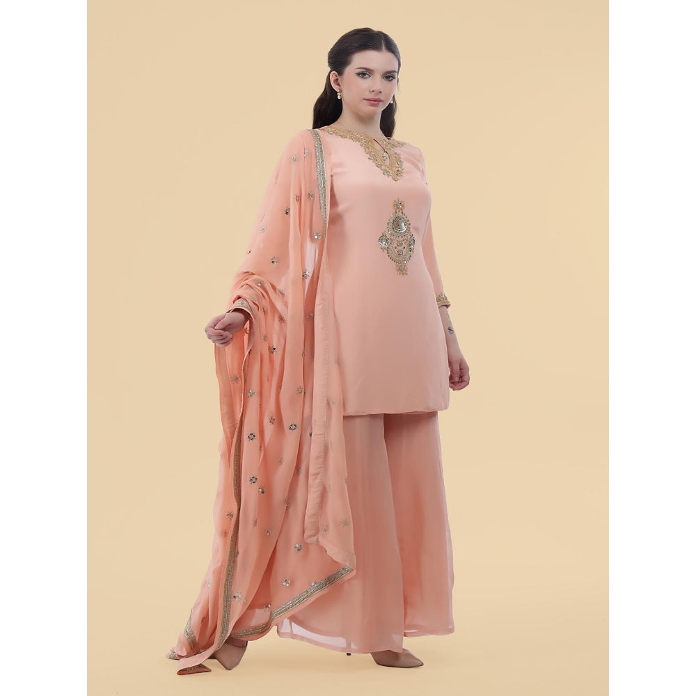 MILU MADAN Peach Crepe Kurti with Sharara and Dupatta