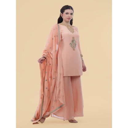 MILU MADAN Peach Crepe Kurti with Sharara and Dupatta