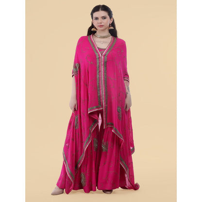 MILU MADAN Hot Pink Georgette Cape with Sharara and Kurti