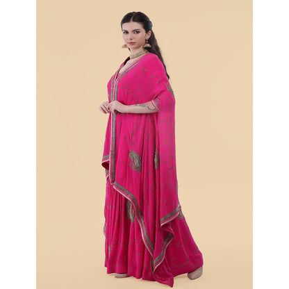 MILU MADAN Hot Pink Georgette Cape with Sharara and Kurti