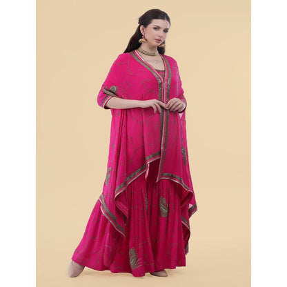 MILU MADAN Hot Pink Georgette Cape with Sharara and Kurti