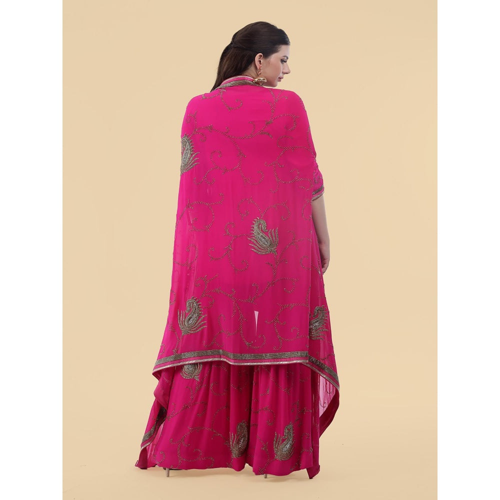 MILU MADAN Hot Pink Georgette Cape with Sharara and Kurti