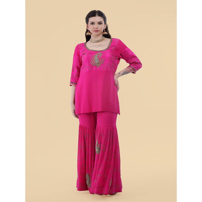 MILU MADAN Hot Pink Georgette Cape with Sharara and Kurti