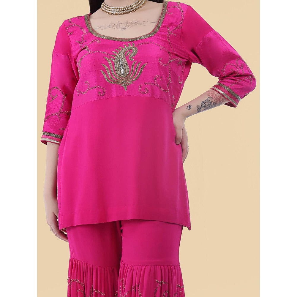 MILU MADAN Hot Pink Georgette Cape with Sharara and Kurti