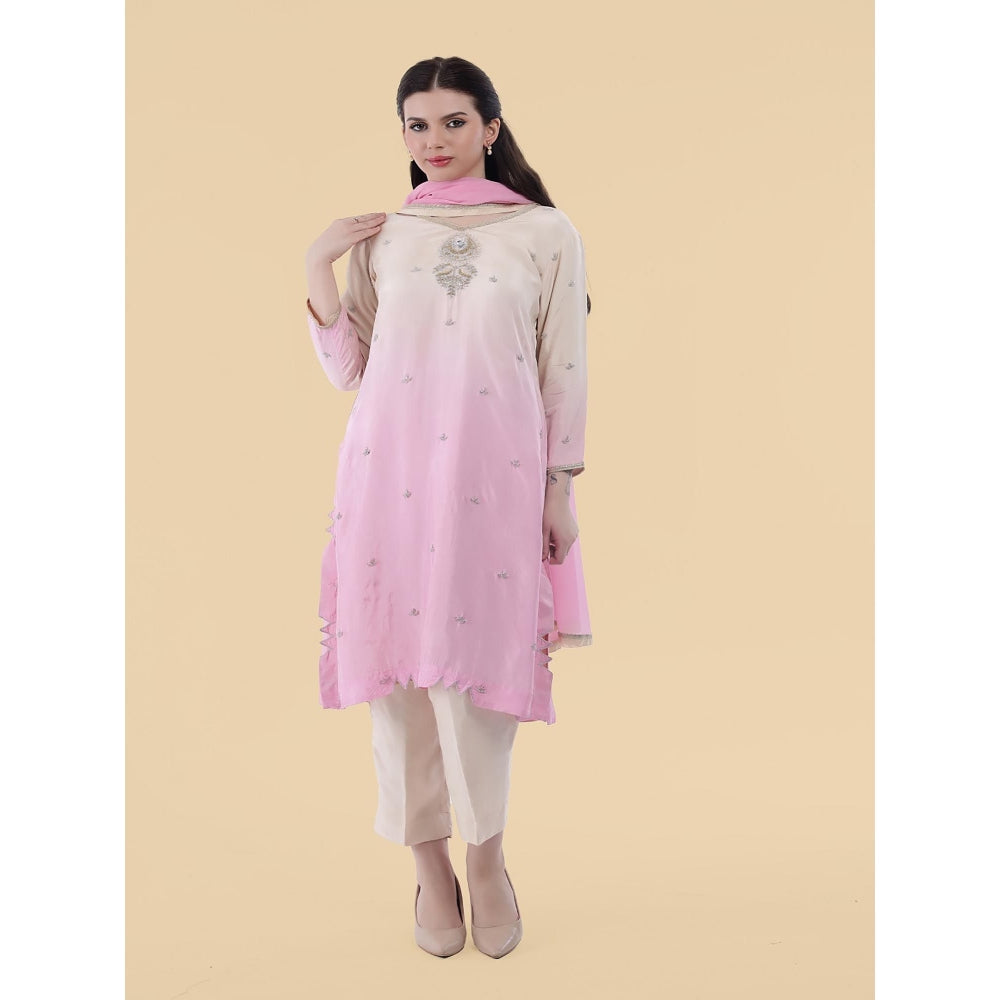 MILU MADAN Cream Ombre Opara Silk Kurta with Pant and Dupatta