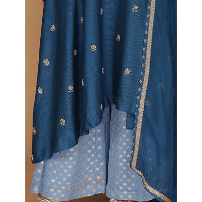 MILU MADAN Persian Blue Katan Silk Anarkali with Sharara and Dupatta
