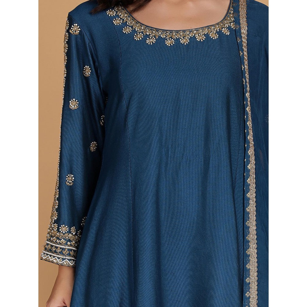 MILU MADAN Persian Blue Katan Silk Anarkali with Sharara and Dupatta