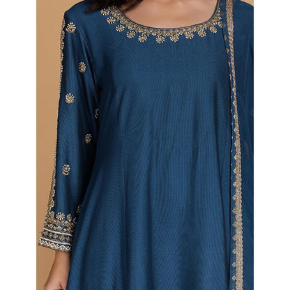 MILU MADAN Persian Blue Katan Silk Anarkali with Sharara and Dupatta