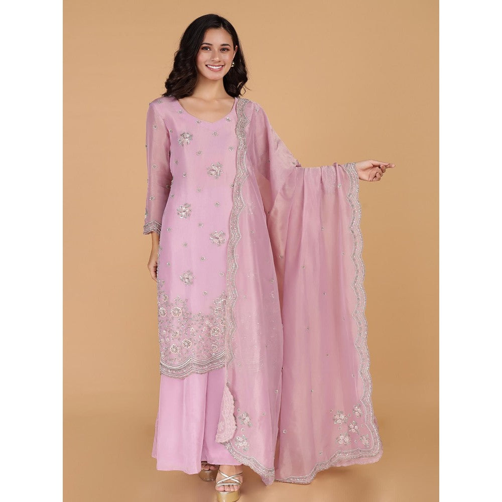 MILU MADAN Pink Tissue Kurta with Sharara and Dupatta