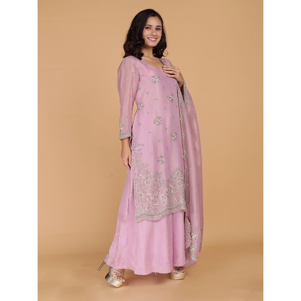 MILU MADAN Pink Tissue Kurta with Sharara and Dupatta