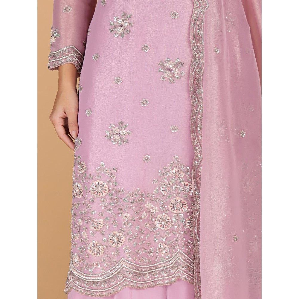 MILU MADAN Pink Tissue Kurta with Sharara and Dupatta