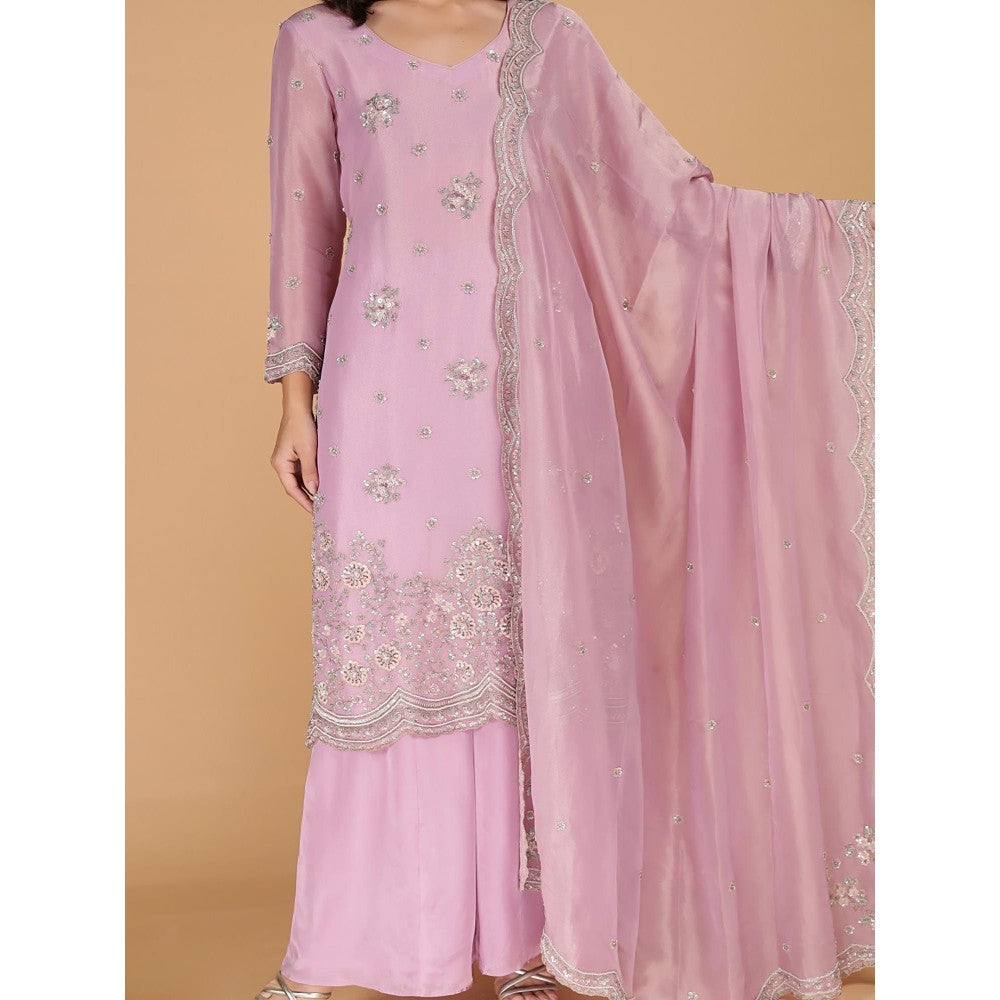 MILU MADAN Pink Tissue Kurta with Sharara and Dupatta
