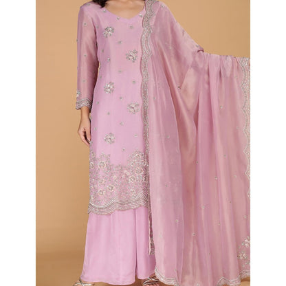 MILU MADAN Pink Tissue Kurta with Sharara and Dupatta
