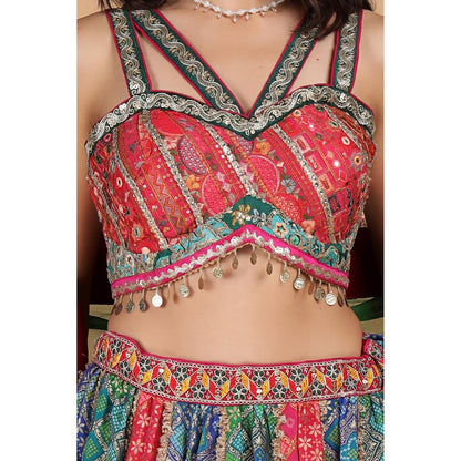 MILU MADAN Multi-Colour Georgette Brocade Lehenga with Blouse and Dupatta