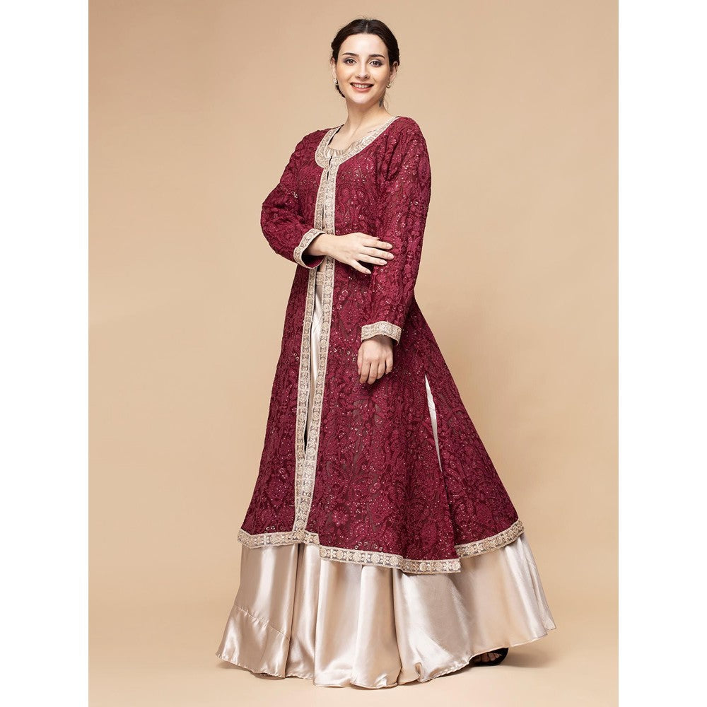 MILU MADAN Maroon Embroidered Jacket with Blouse and Lehenga