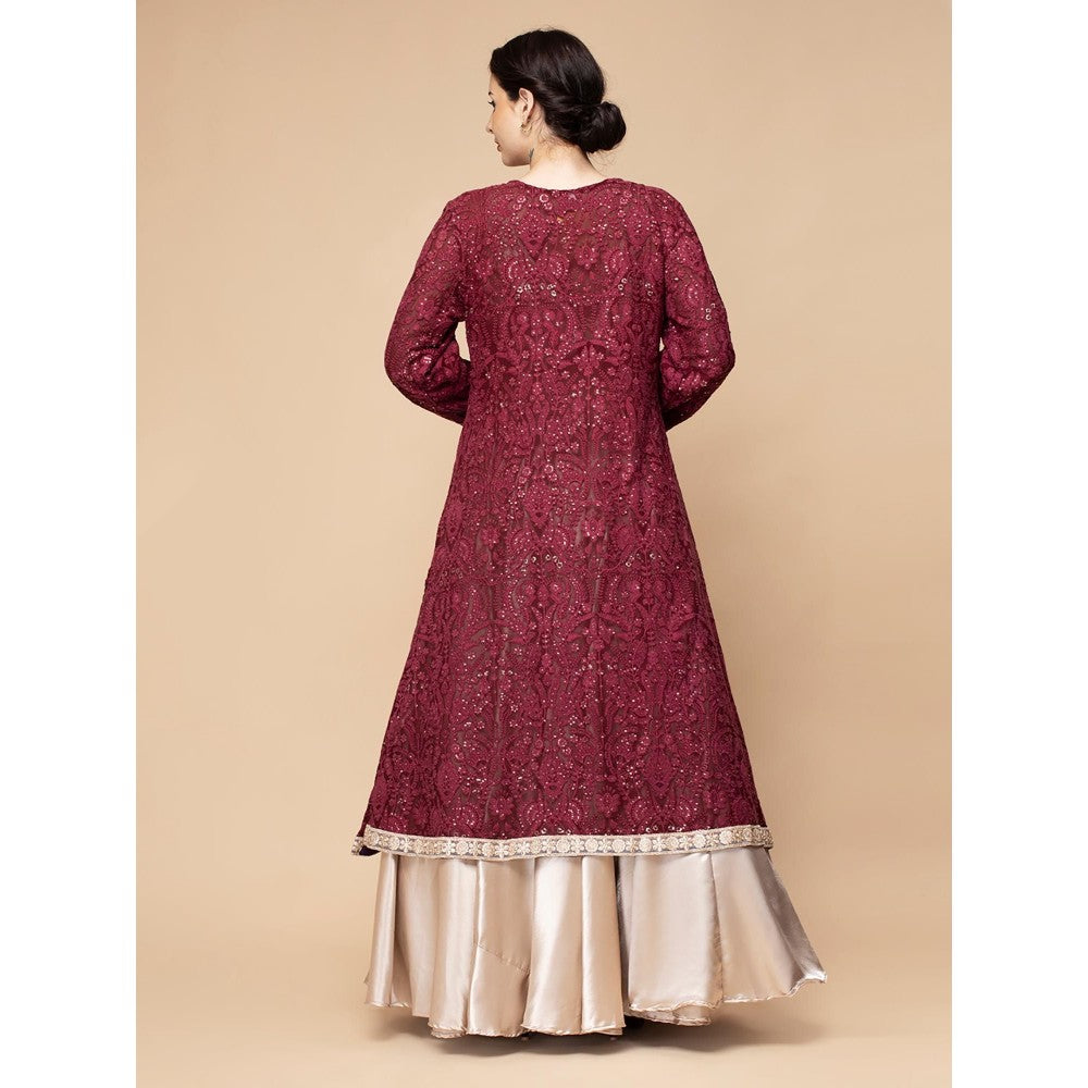 MILU MADAN Maroon Embroidered Jacket with Blouse and Lehenga