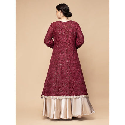 MILU MADAN Maroon Embroidered Jacket with Blouse and Lehenga