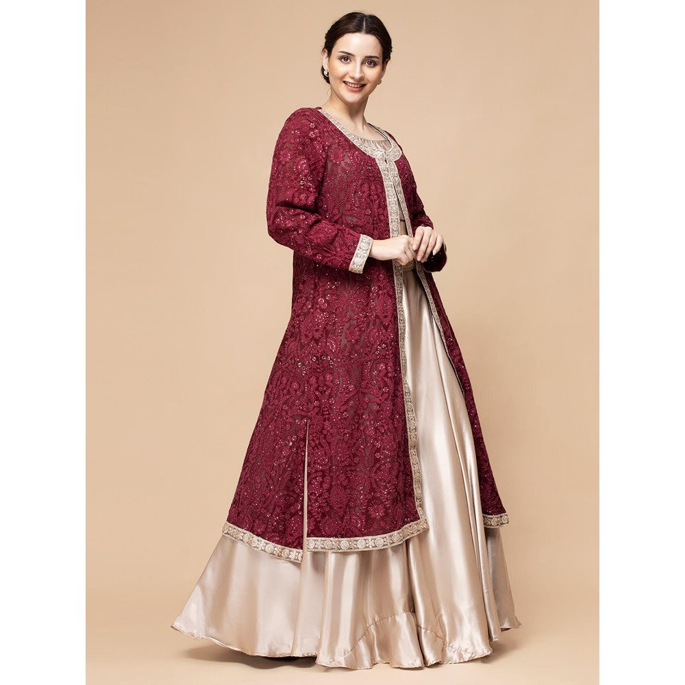 MILU MADAN Maroon Embroidered Jacket with Blouse and Lehenga