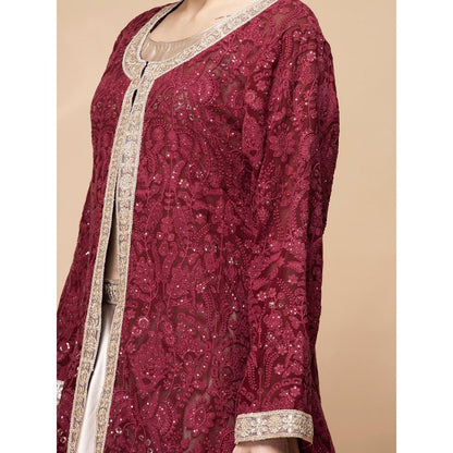 MILU MADAN Maroon Embroidered Jacket with Blouse and Lehenga