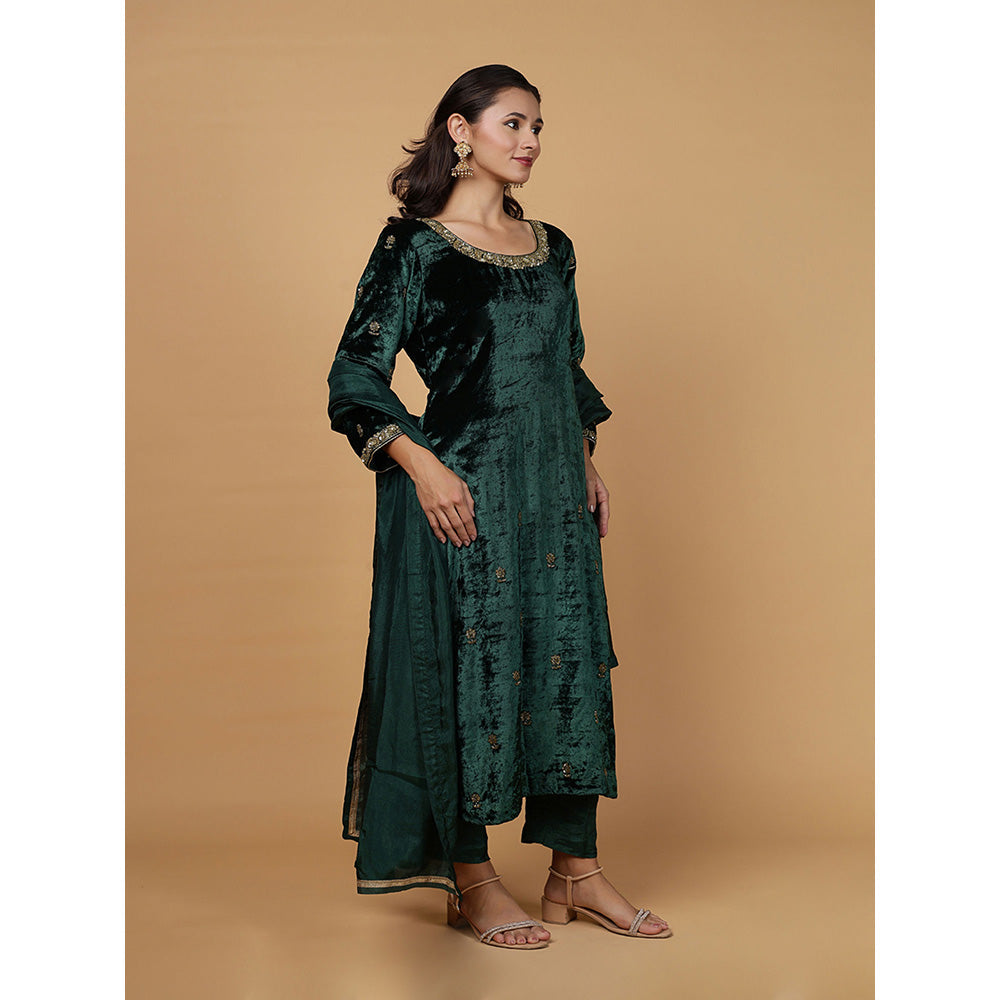 MILU MADAN Womens Organza Embroidered Green Kurta with Pant and Dupatta