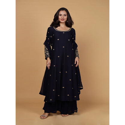 MILU MADAN Womens Organza Sequined Navy Blue Anarkali Kurta with Palazzo and Dupatta
