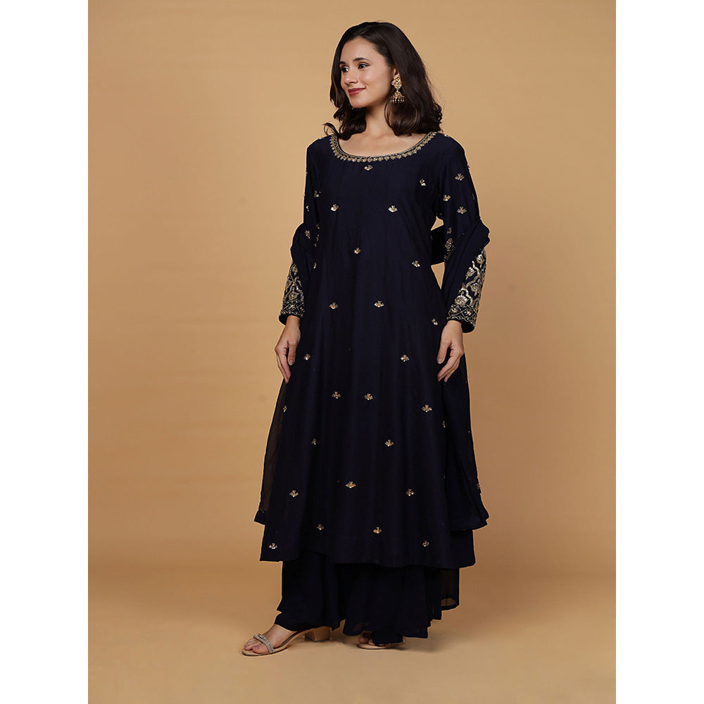 MILU MADAN Womens Organza Sequined Navy Blue Anarkali Kurta with Palazzo and Dupatta