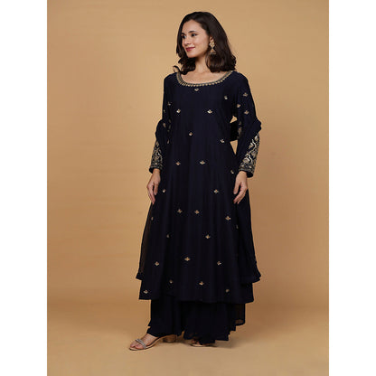MILU MADAN Womens Organza Sequined Navy Blue Anarkali Kurta with Palazzo and Dupatta