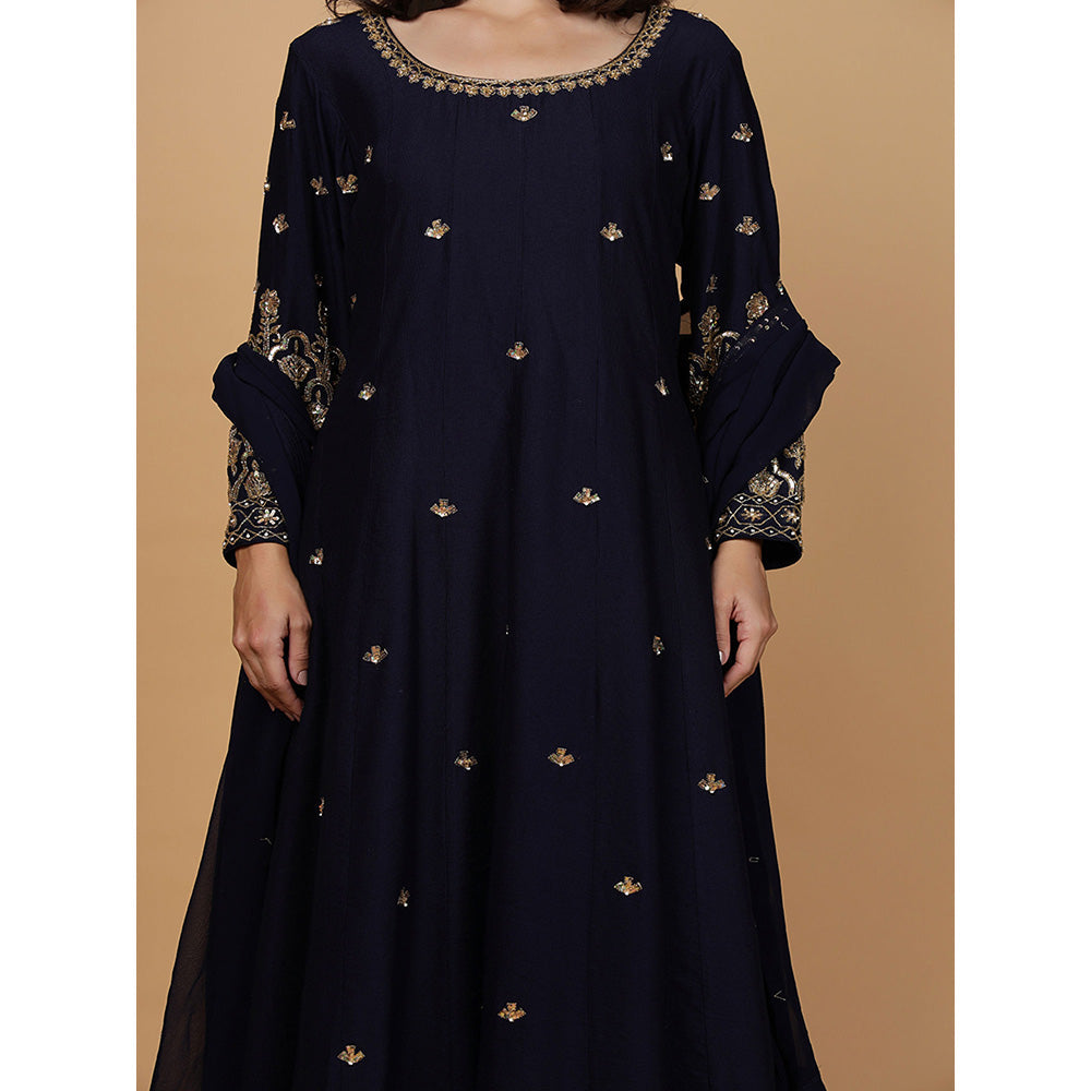MILU MADAN Womens Organza Sequined Navy Blue Anarkali Kurta with Palazzo and Dupatta