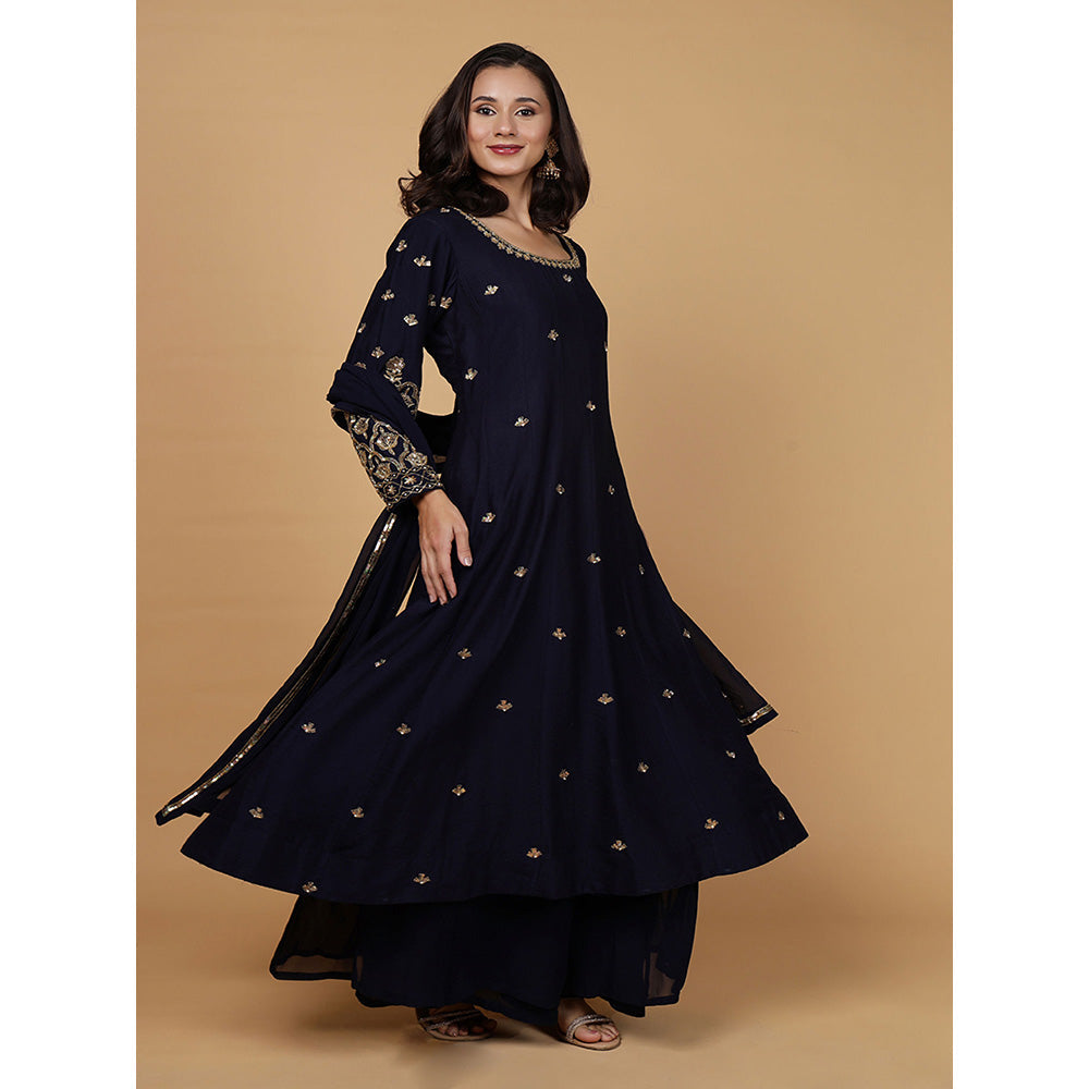 MILU MADAN Womens Organza Sequined Navy Blue Anarkali Kurta with Palazzo and Dupatta