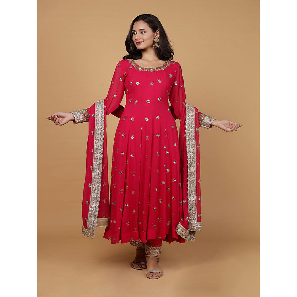 MILU MADAN Womens Organza Sequined Pink Anarkali Kurta with Pant and Dupatta