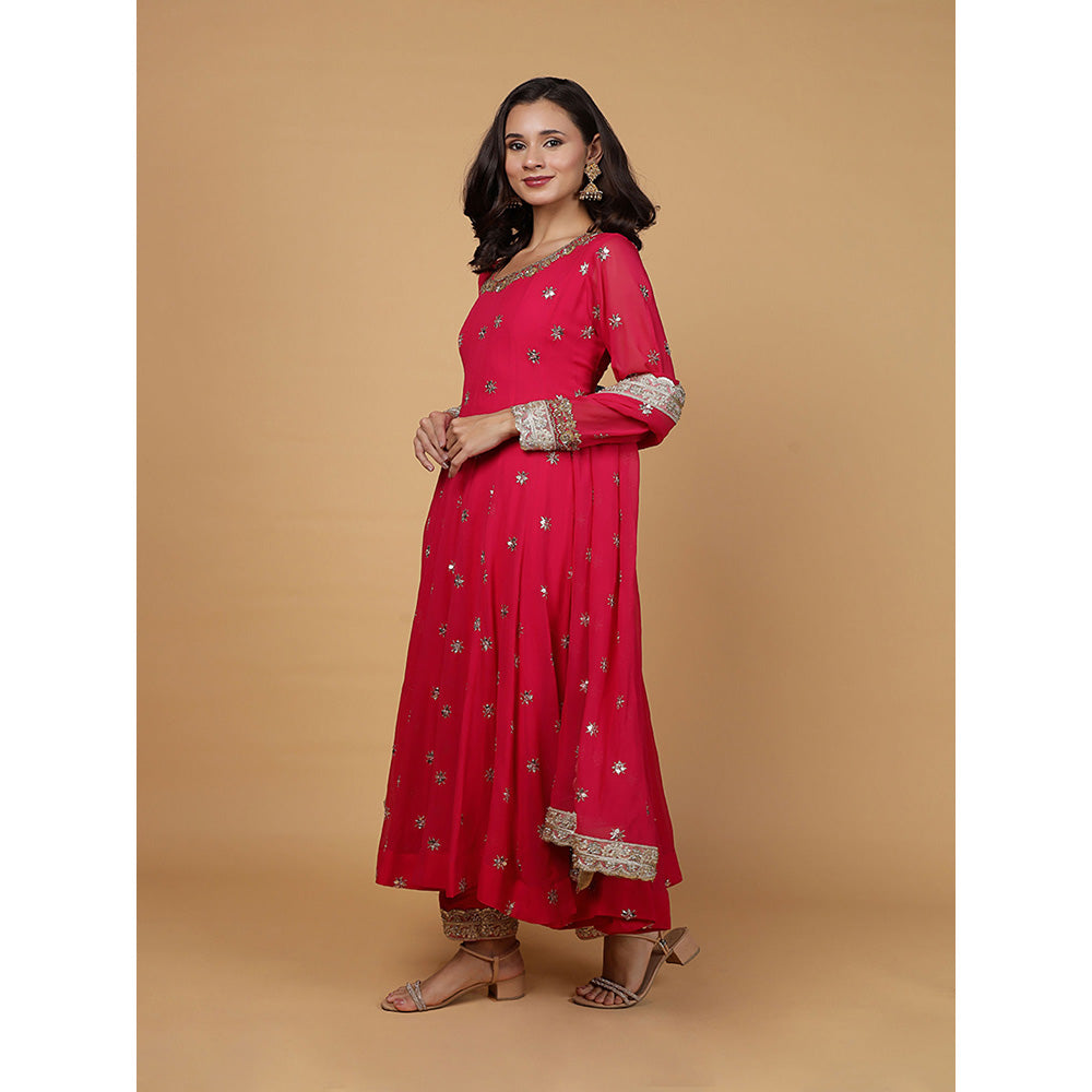 MILU MADAN Womens Organza Sequined Pink Anarkali Kurta with Pant and Dupatta