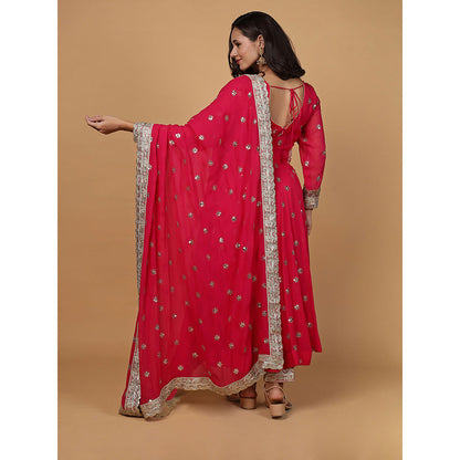MILU MADAN Womens Organza Sequined Pink Anarkali Kurta with Pant and Dupatta