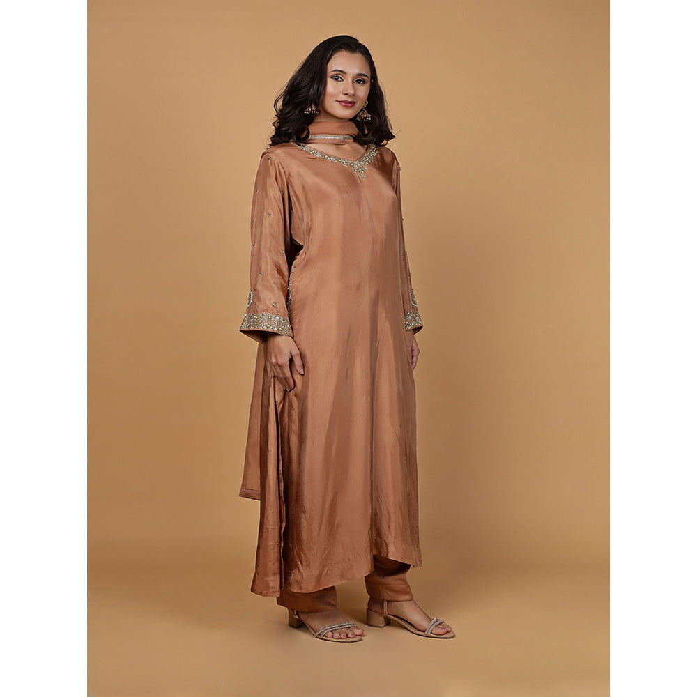MILU MADAN Womens Organza Sequined Brown Kurta with Pant and Dupatta