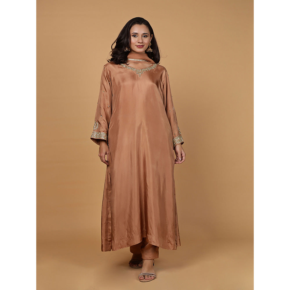 MILU MADAN Womens Organza Sequined Brown Kurta with Pant and Dupatta