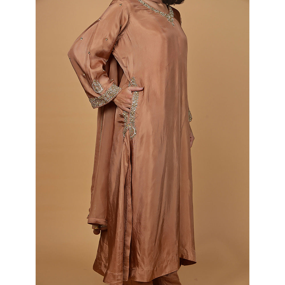 MILU MADAN Womens Organza Sequined Brown Kurta with Pant and Dupatta