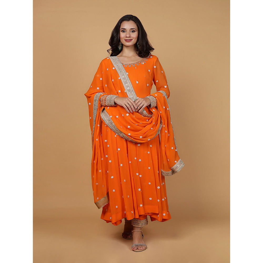 MILU MADAN Womens Organza Embroidered Orange Anarkali Kurta with Pant and Dupatta