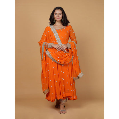 MILU MADAN Womens Organza Embroidered Orange Anarkali Kurta with Pant and Dupatta