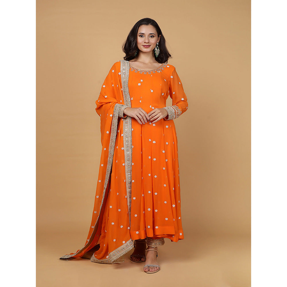 MILU MADAN Womens Organza Embroidered Orange Anarkali Kurta with Pant and Dupatta