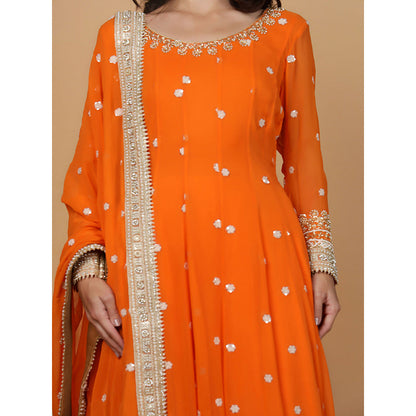 MILU MADAN Womens Organza Embroidered Orange Anarkali Kurta with Pant and Dupatta