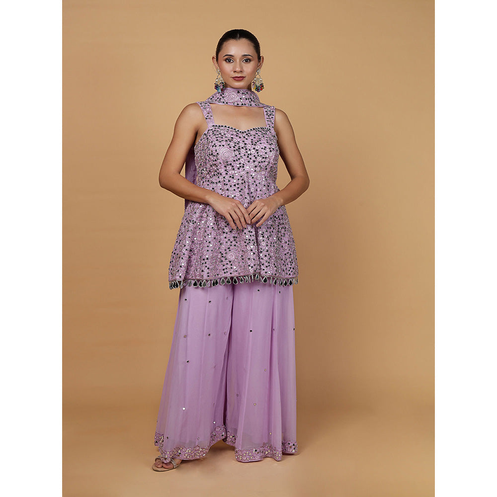MILU MADAN Womens Organza Mirror Work Lavender Top with Sharara and Dupatta