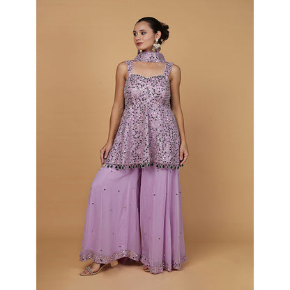 MILU MADAN Womens Organza Mirror Work Lavender Top with Sharara and Dupatta