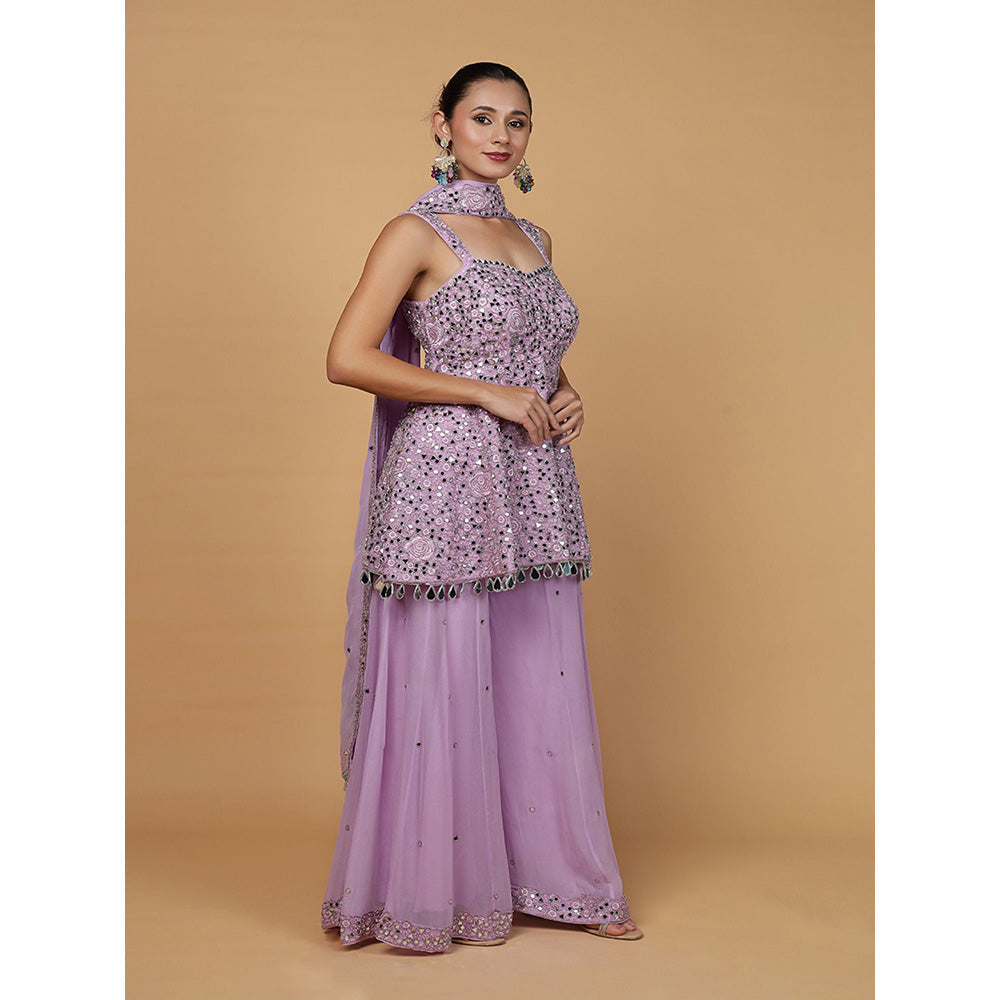 MILU MADAN Womens Organza Mirror Work Lavender Top with Sharara and Dupatta