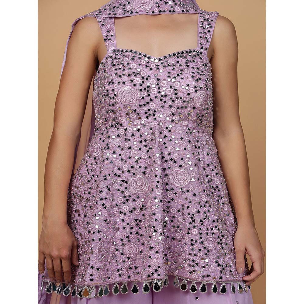 MILU MADAN Womens Organza Mirror Work Lavender Top with Sharara and Dupatta