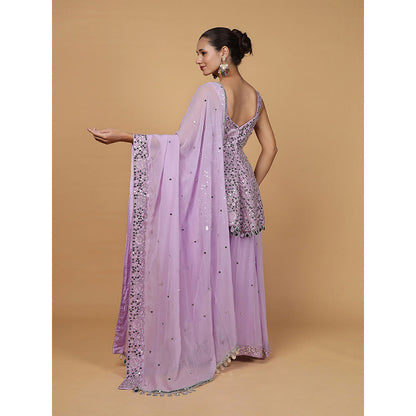 MILU MADAN Womens Organza Mirror Work Lavender Top with Sharara and Dupatta