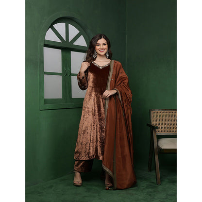 MILU MADAN Womens Organza Sequined Brown Kurta with Pant and Dupatta